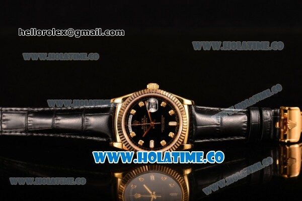 Rolex Day-Date Asia 2813/Swiss ETA 2836/Clone Rolex 3135 Automatic Yellow Gold Case with Diamonds Markers and Black Dial (BP) - Click Image to Close